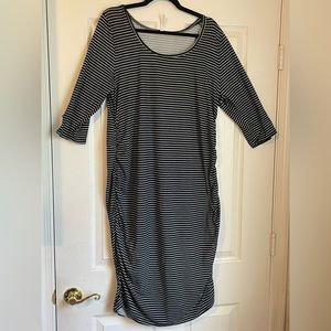 XL Black and White Striped Piphany Dress Featuring Flattering Rouched Sides